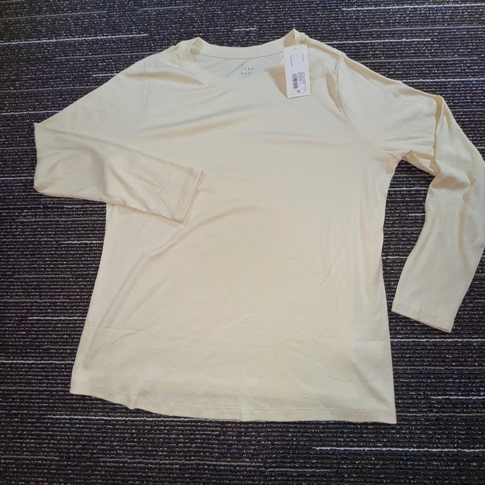A New Day Ribbed Crew Top Women 1X Cream NEW Long Sleeve Cotton Modal Stretch
